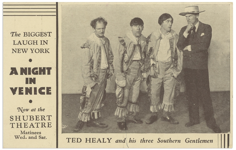 ''A Night in Venice'' Postcard, Circa 1929, Featuring ''Ted Healy and his three Southern Gentlemen'' -- 5.5'' x 3.5'' Postcard Promotes Show at Shubert Theatre -- Abrasion on Verso,  Else Near Fine